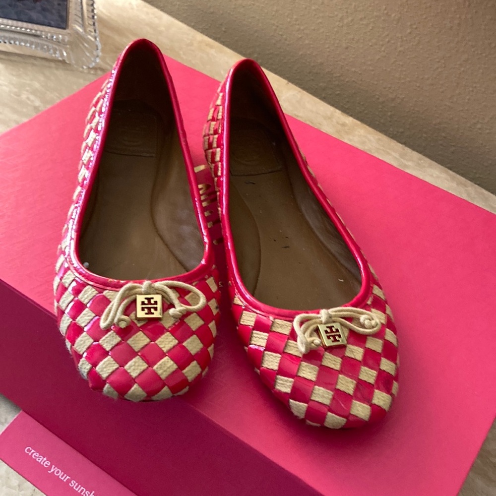 Tory Burch Pink and Cream Flats with Gold Accent